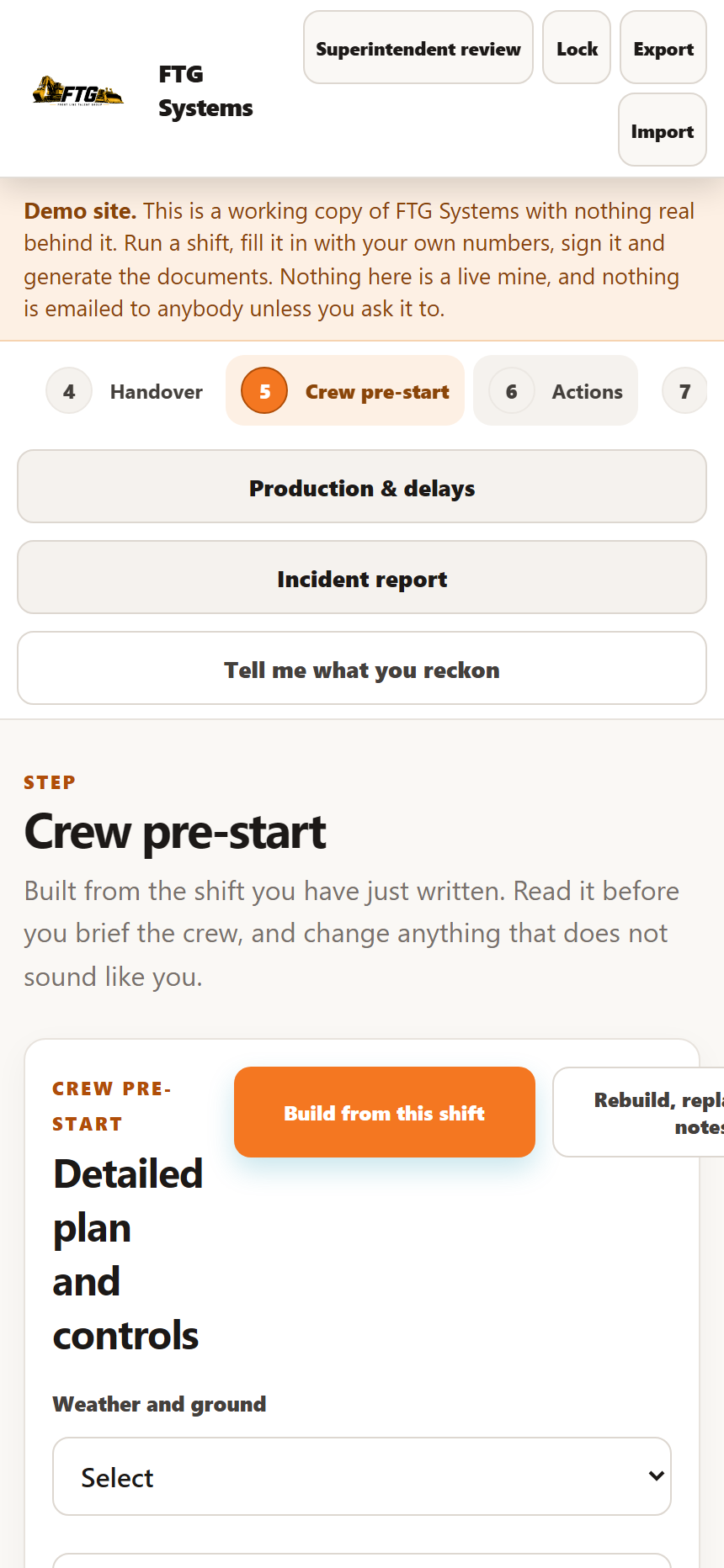 The crew pre-start screen