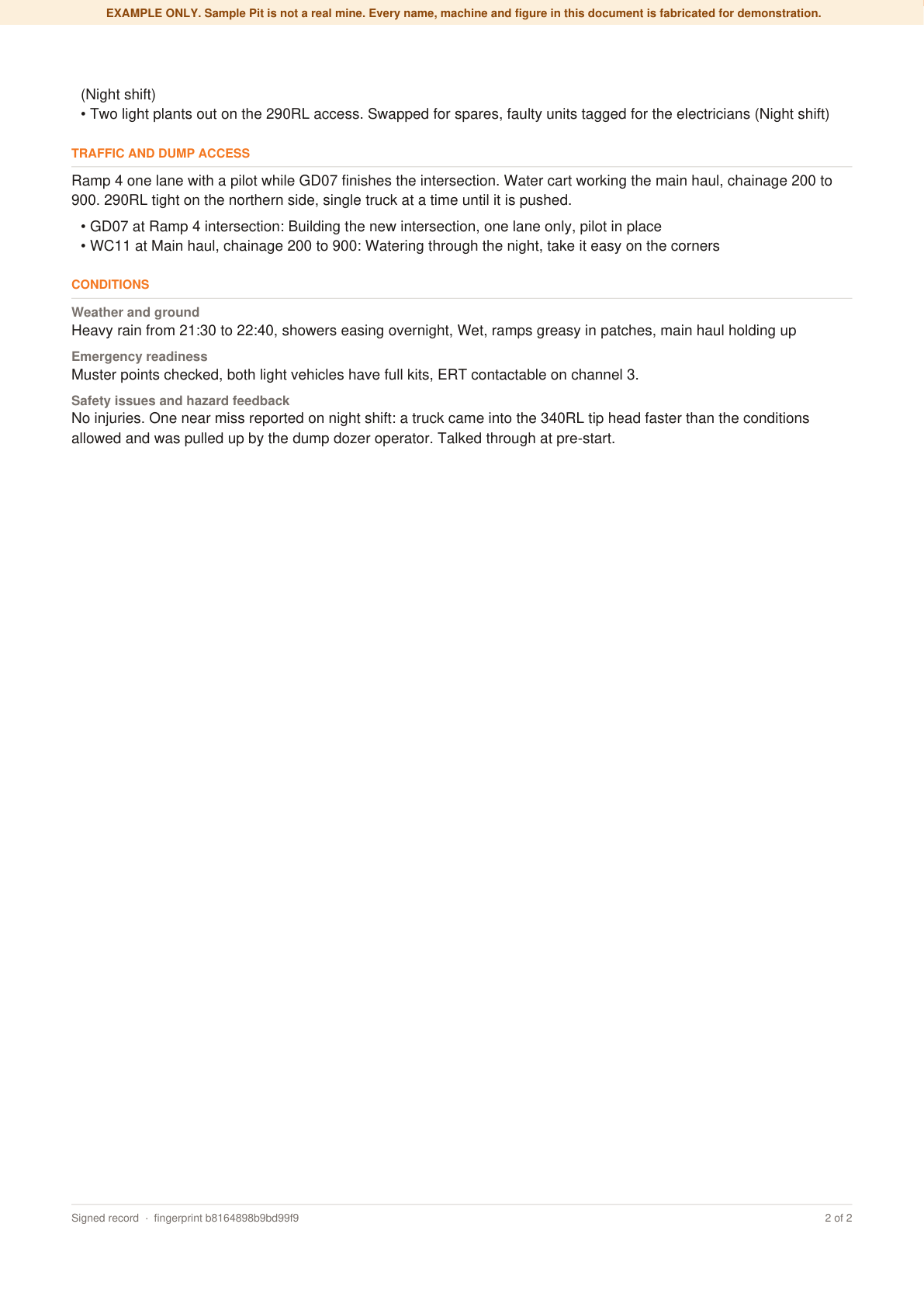 Page two: risks and controls, traffic and dump access, conditions