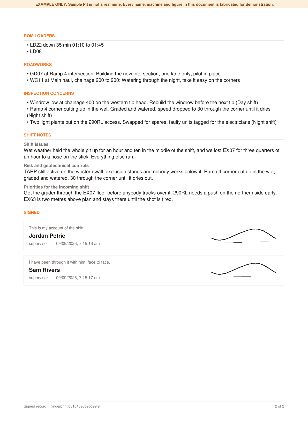 Page two: roadworks, inspection concerns, shift notes and the signatures