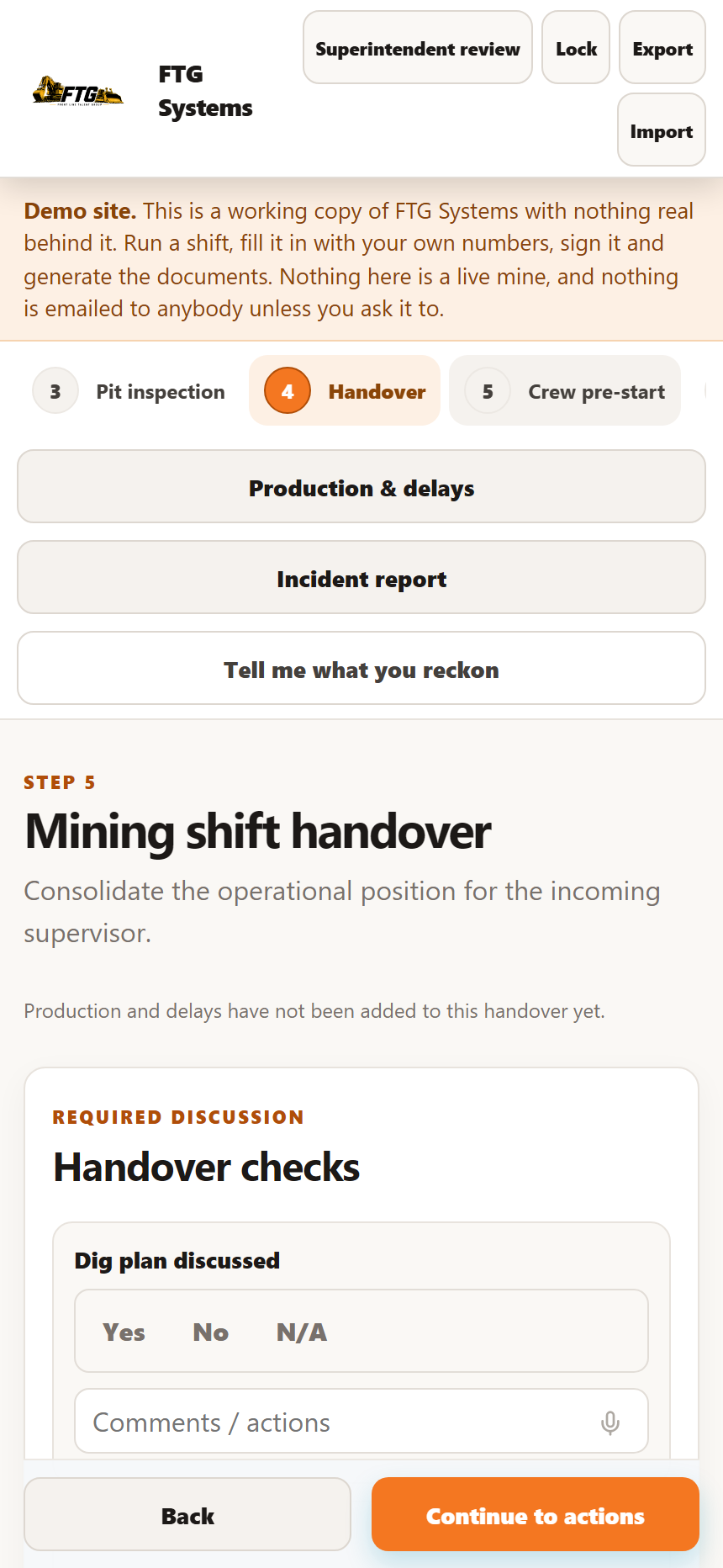 The handover screen, with the required discussion checks