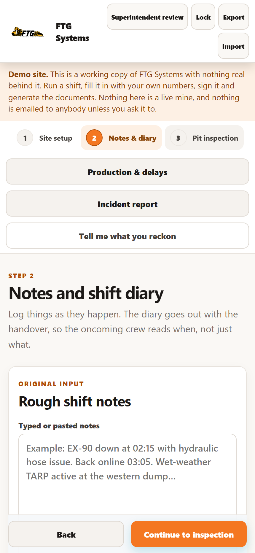 The notes and diary screen