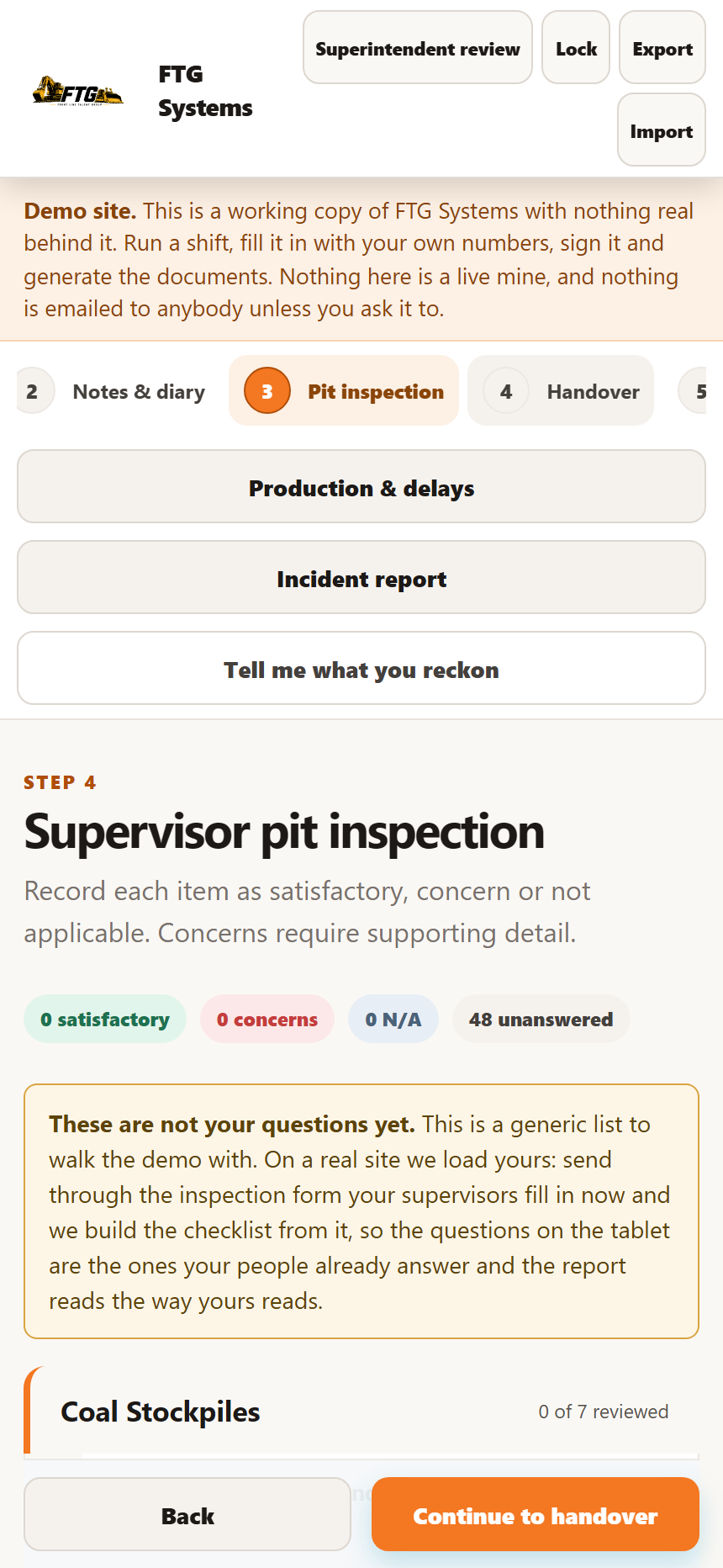 The pit inspection screen